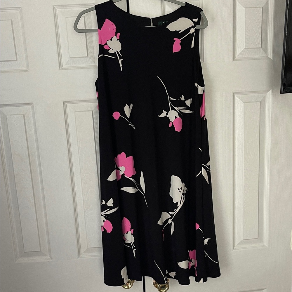 Ralph Lauren Black Midi Dress with Pink and White Floral Pattern
